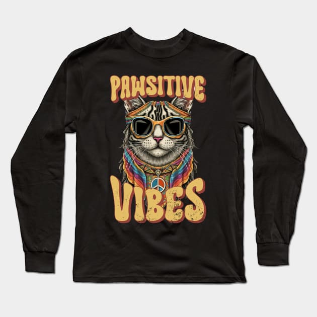 Pawsitive Vibes, Retro Groovy Style Hippie Cat Lover Design Long Sleeve T-Shirt by PugSwagClothing